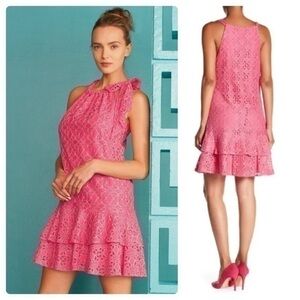 Trina Turk jaunty hot pink eyelet dress Barbie core ruffle Flounce tier hem